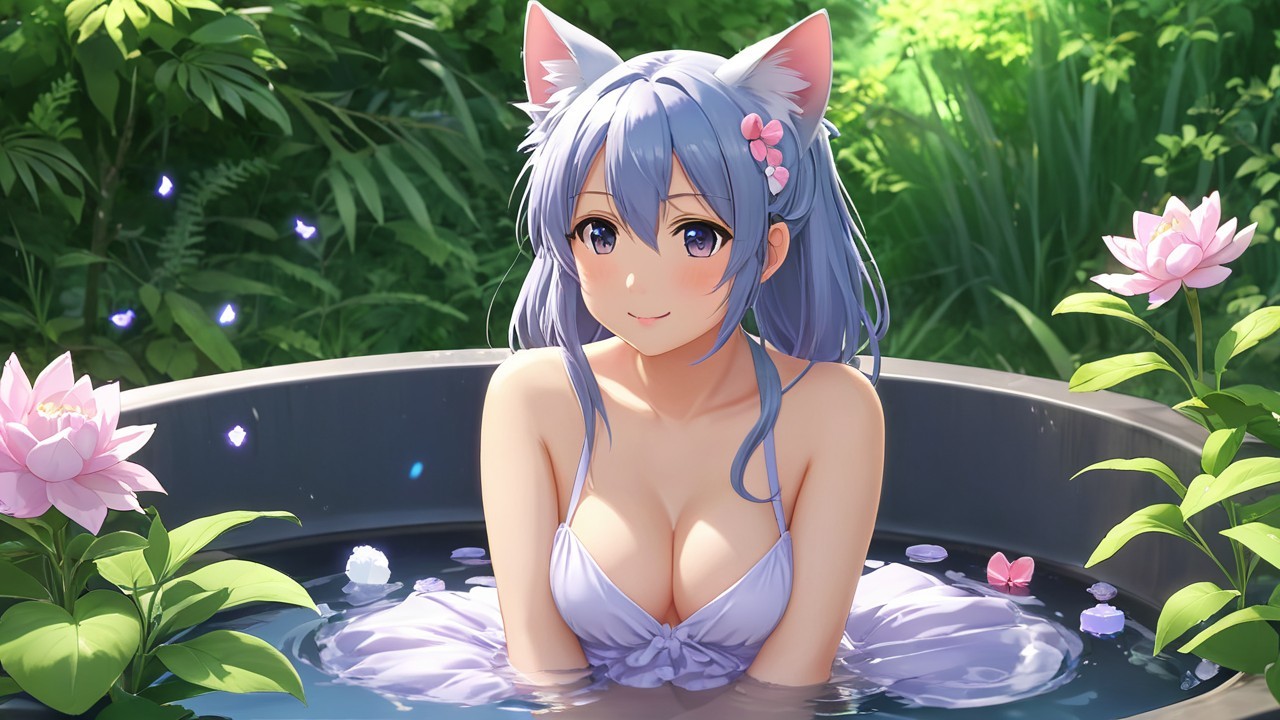 Young woman with cat ears in tranquil water basin