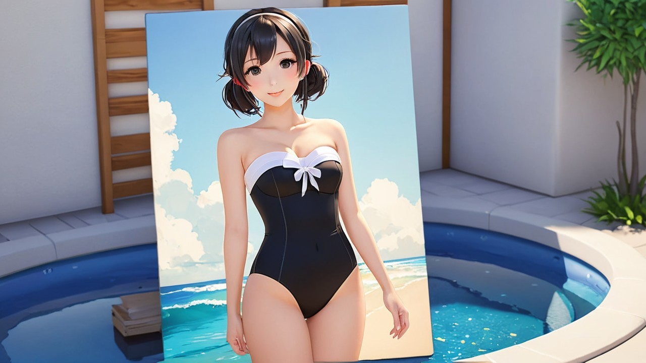 Vibrant Character in Black Swimsuit at Beach Scene