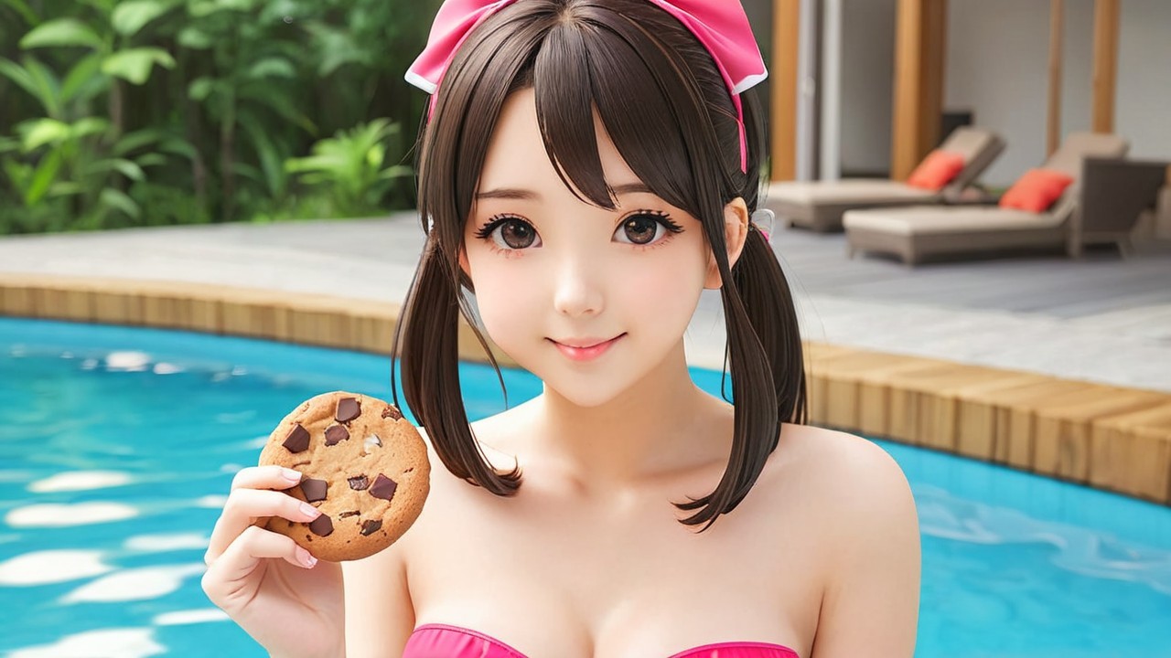 Cheerful woman in pink bikini by swimming pool