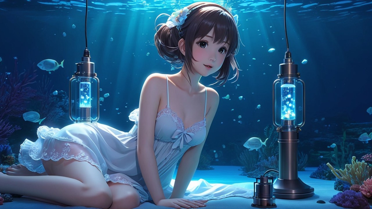 Young Woman in White Dress on Ocean Floor with Lanterns