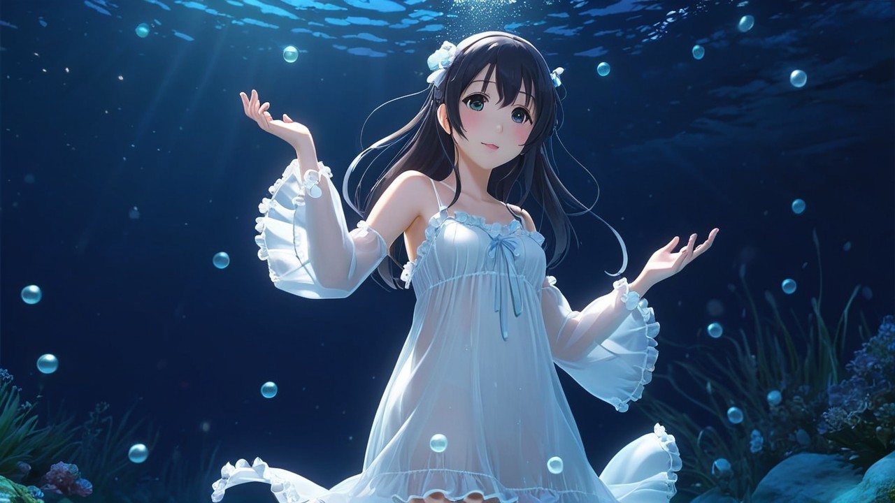 Girl with Dark Hair in Ethereal Underwater Scene