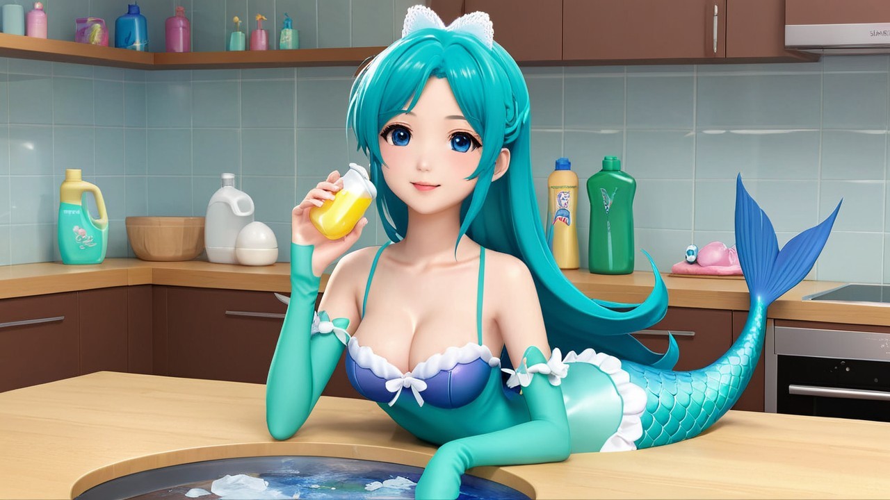 Vibrant Animated Mermaid in Bright Kitchen Setting