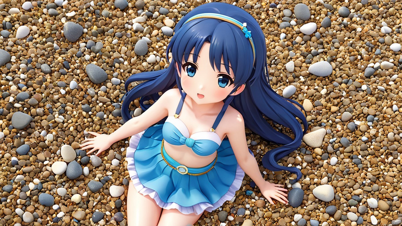 Young girl in blue bikini on pebble beach scene