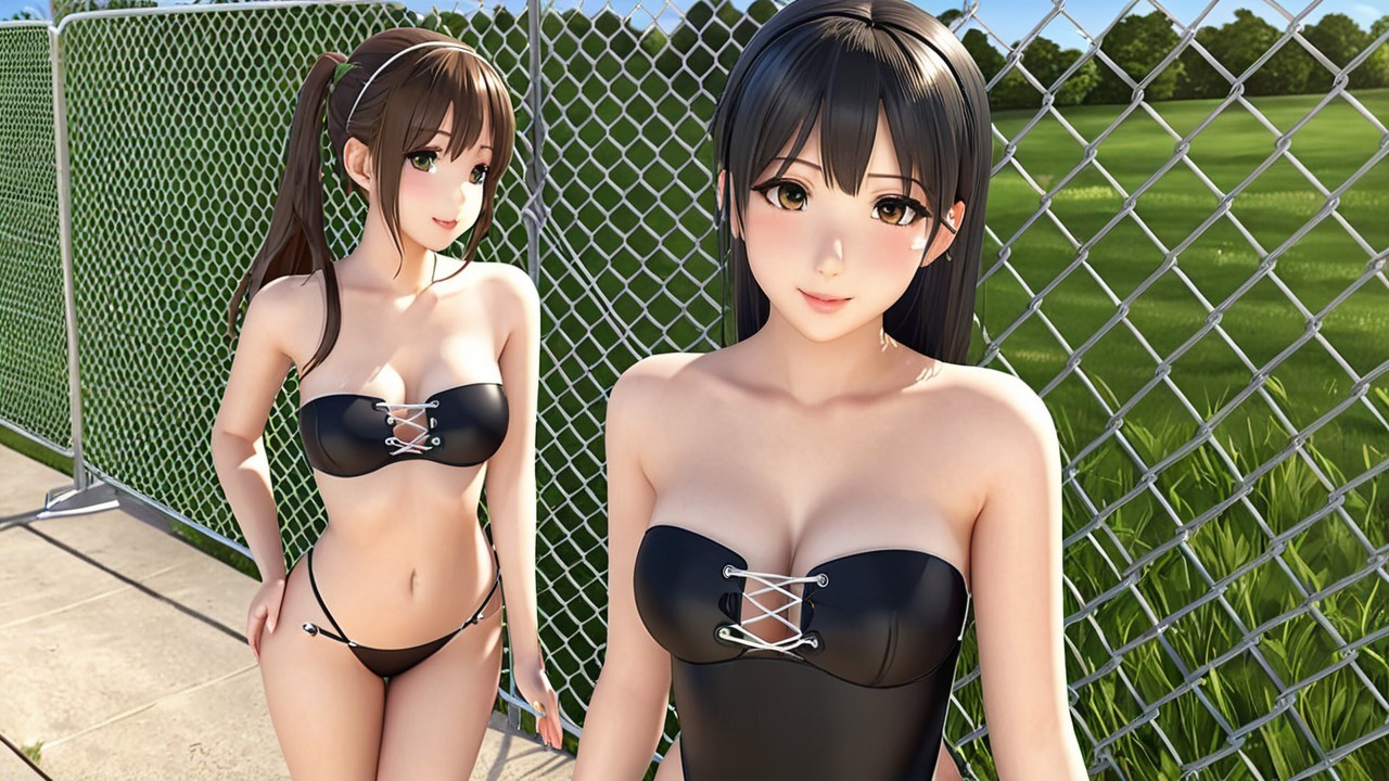 Stylized Female Characters in Black Swimwear Against Green
