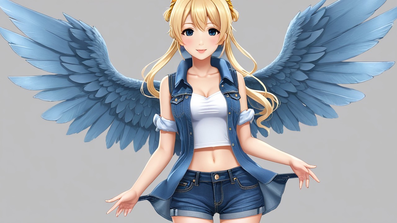 Stylized female character with blue wings and denim outfit