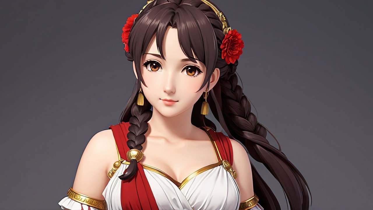 Young Woman in Elegant White Dress with Braids and Flowers