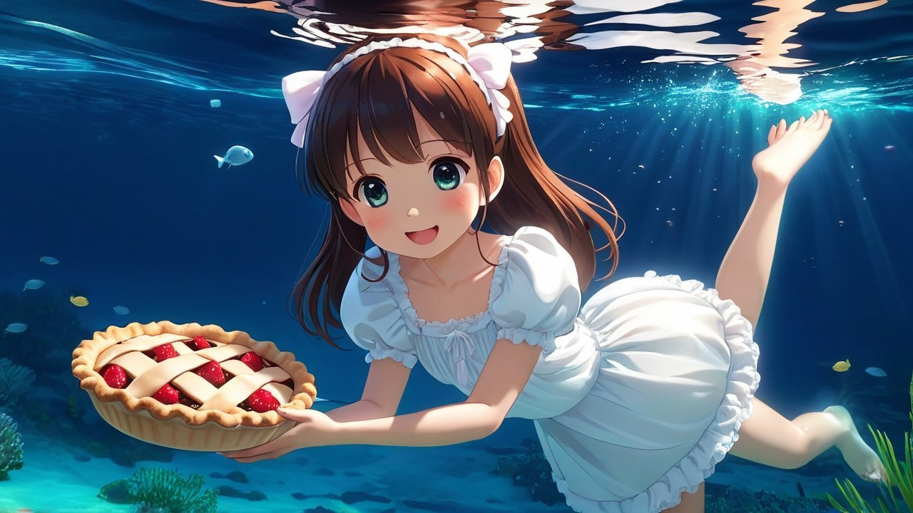 Young girl in white dress swimming with cherry pie underwater