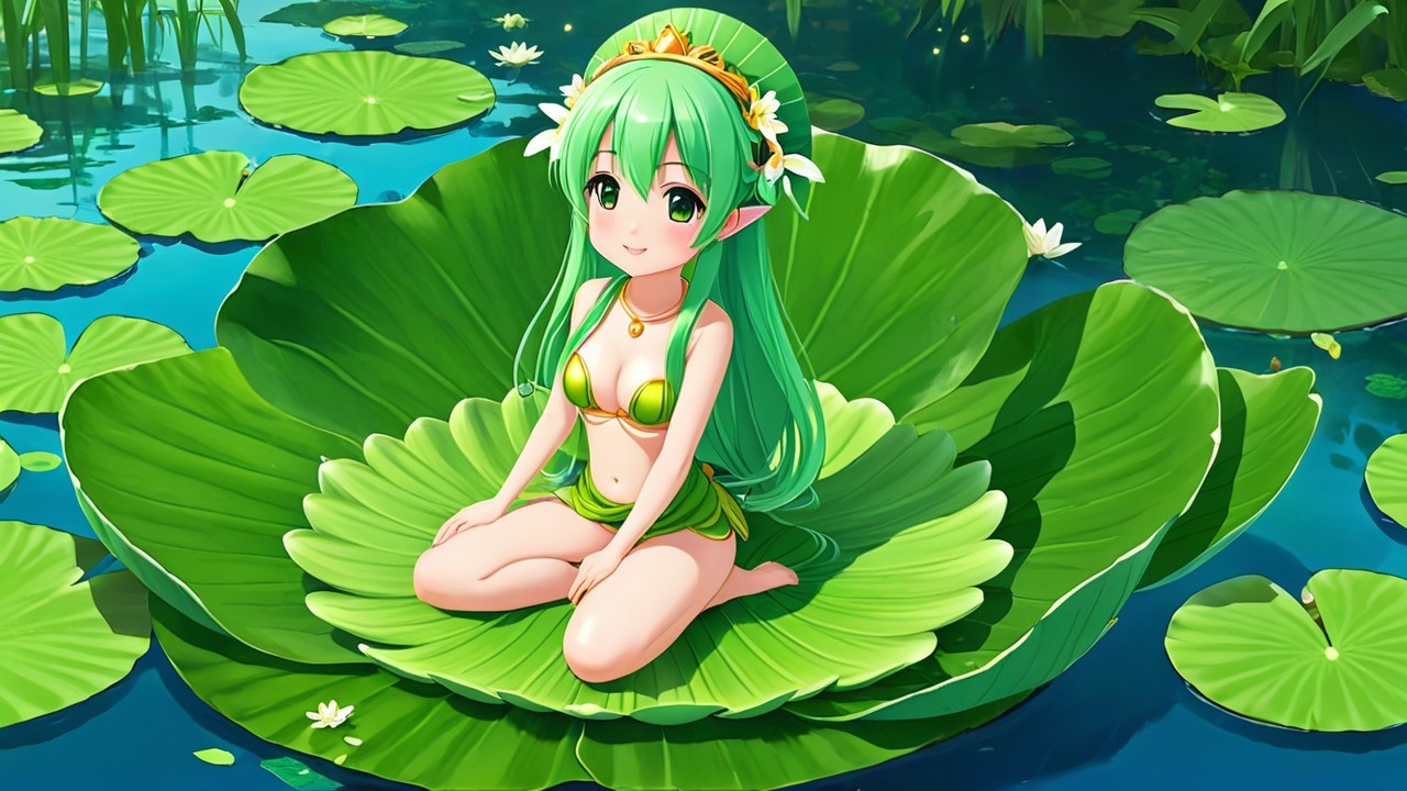 Anime Character on Lily Pad in Serene Water Setting