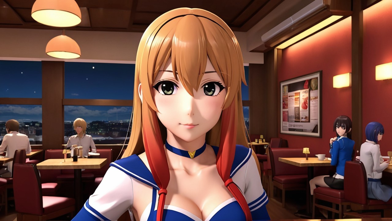 Anime Character in Cozy Restaurant Setting with City Lights