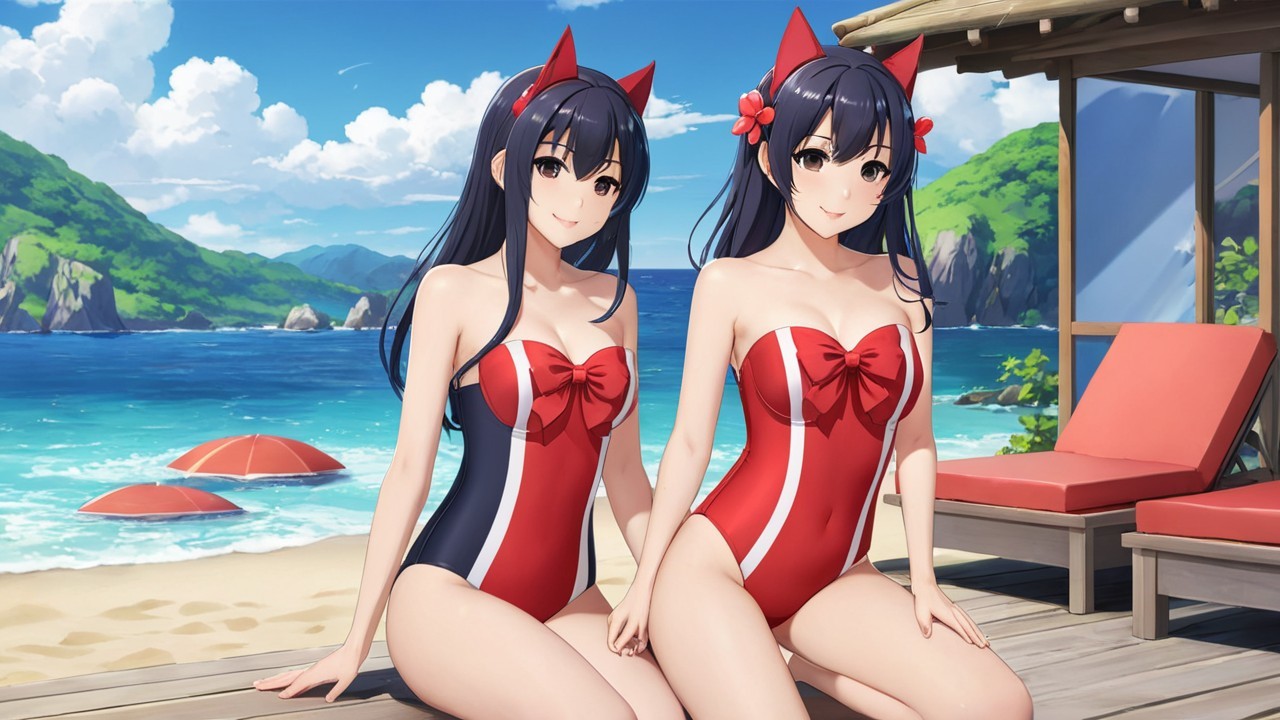 Anime Characters in Matching Swimsuits at the Beach