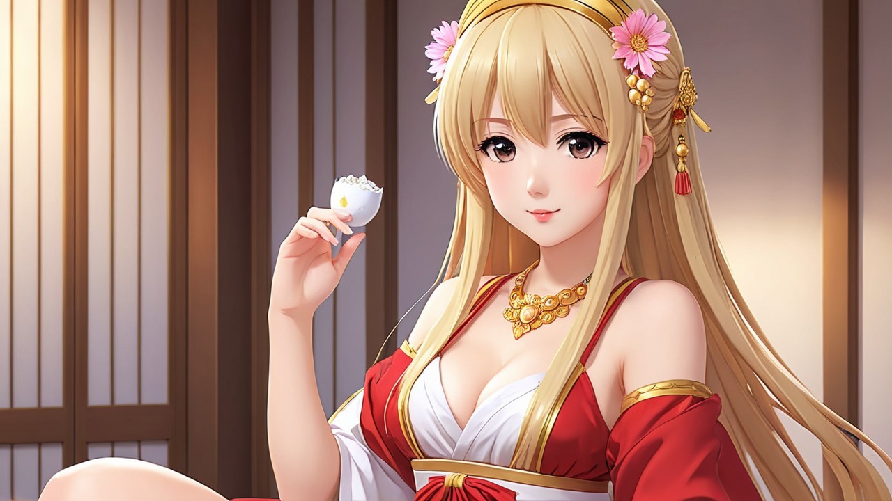 Animated character with blonde hair and floral decor