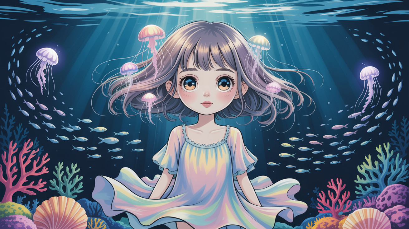 Underwater Fantasy Scene with Chibi Anime Girl