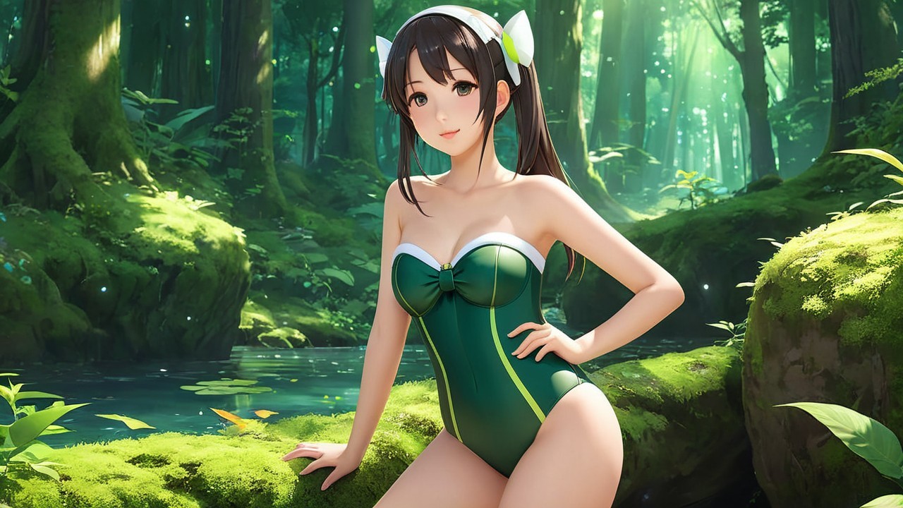 Young Woman in Green Swimsuit in Forest Setting