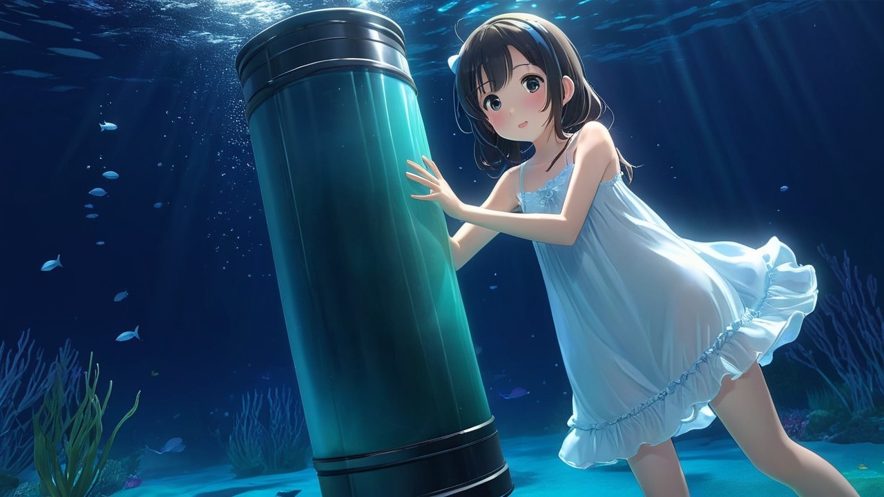 Young girl in white dress explores vibrant underwater scene