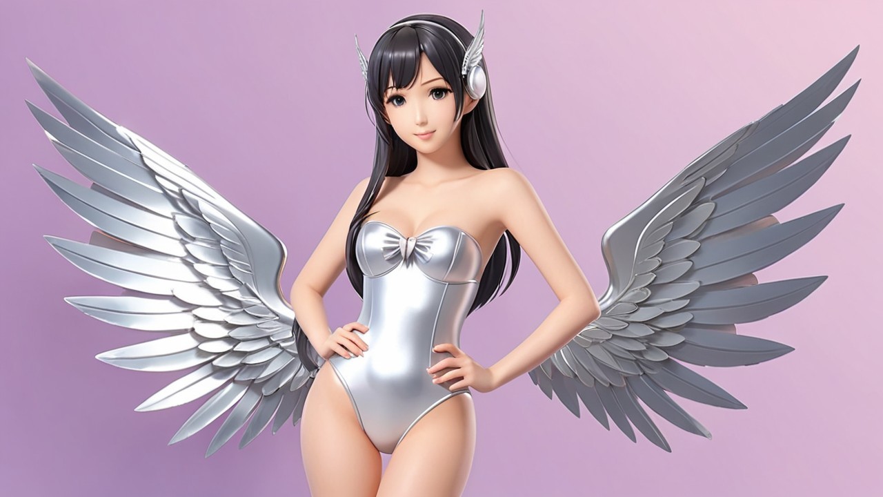 Stylized character with silver wings and headphones