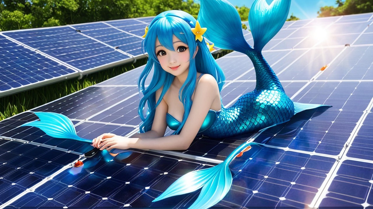 Vibrant Mermaid on Solar Panels in Green Setting