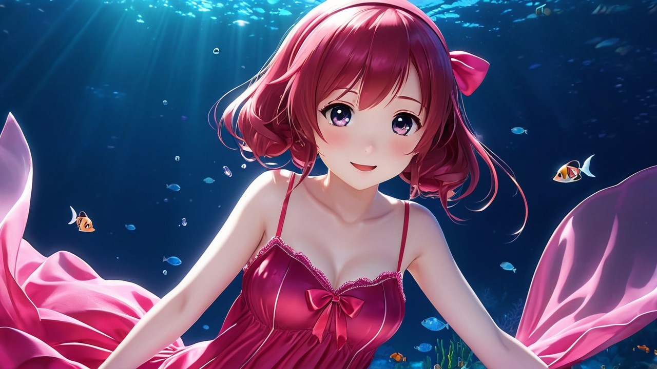 Vibrant Underwater Scene with Cheerful Girl and Fish