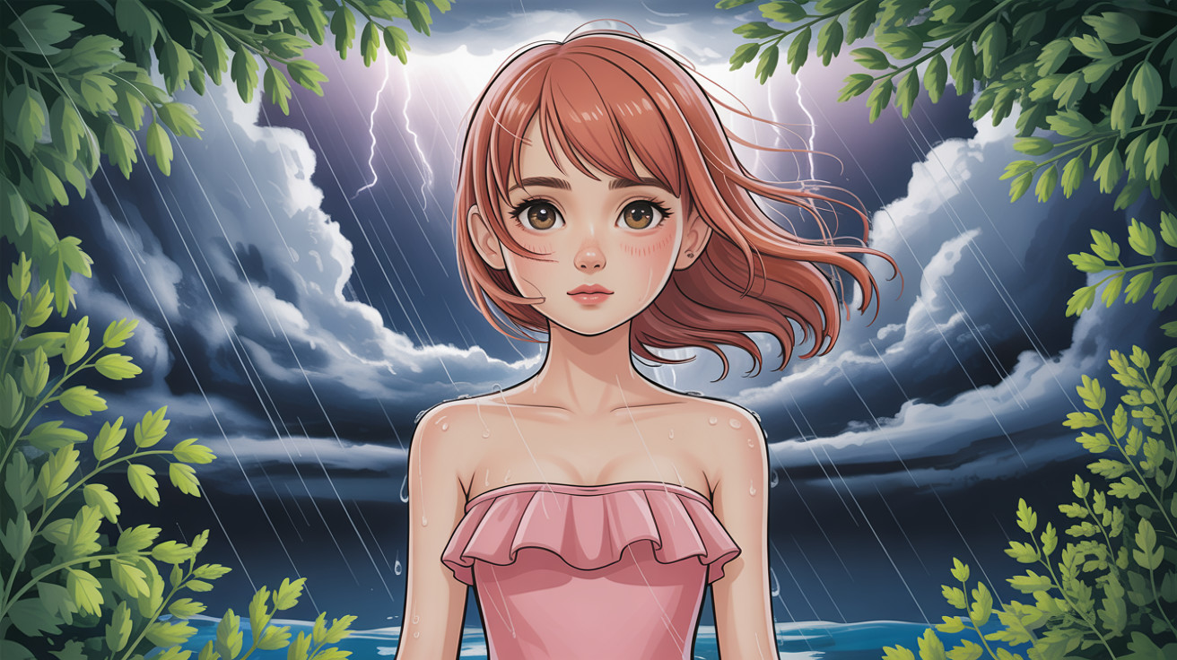 Anime-style girl in rainstorm with orange hair