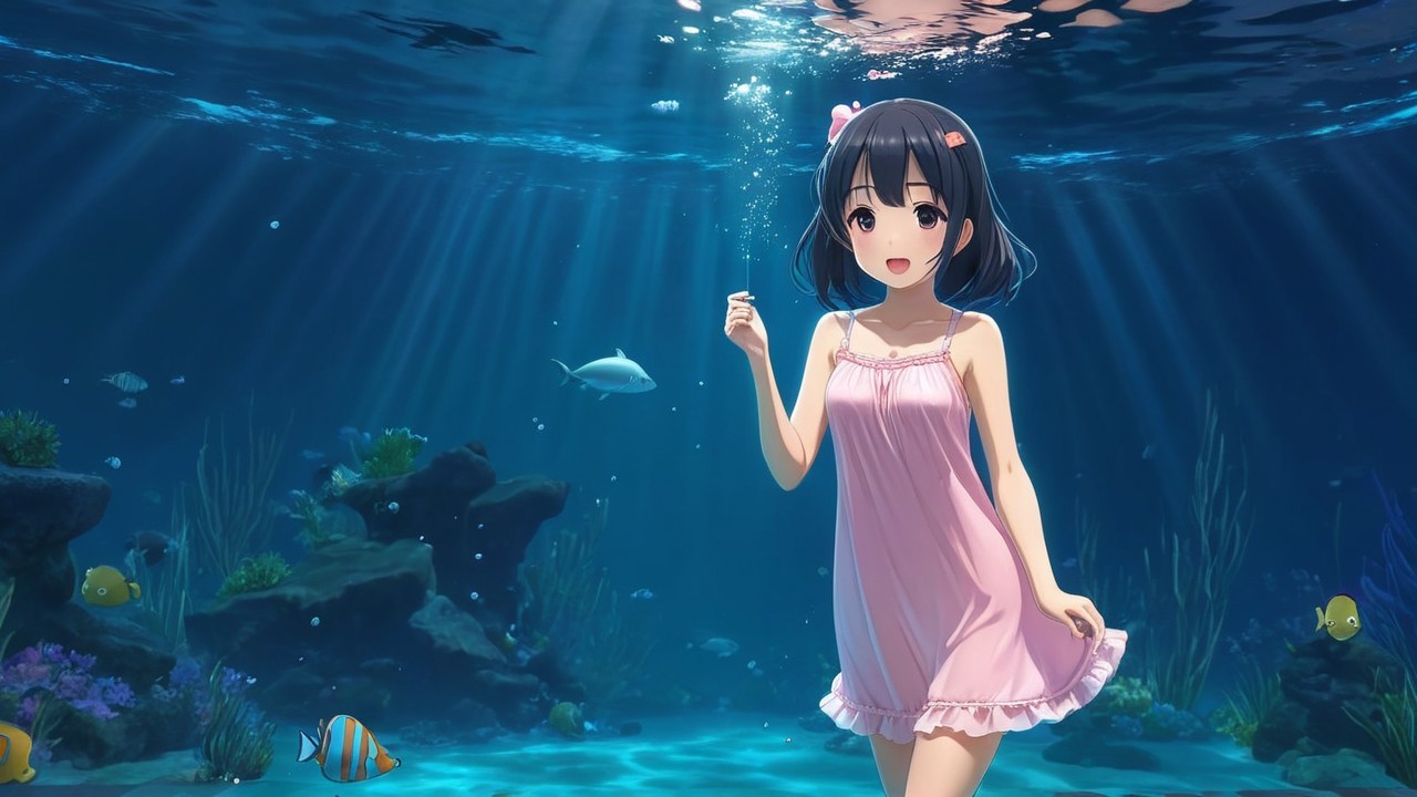 Young girl in pink dress underwater with fish and light