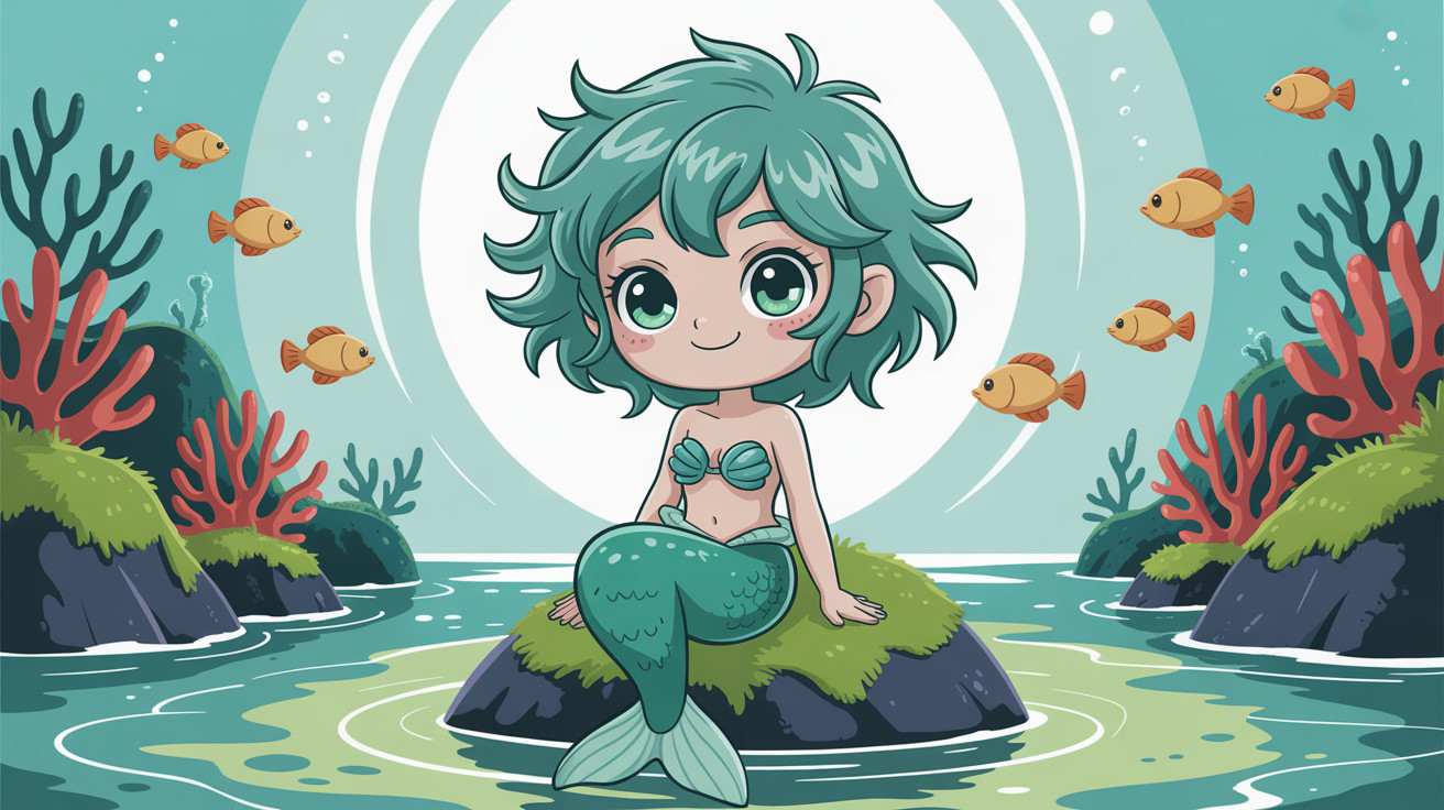 Chibi-style mermaid illustration with vibrant details