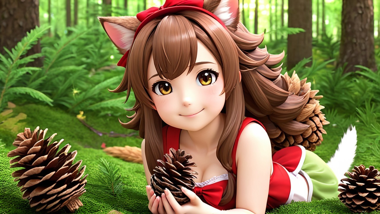 Cheerful anime girl with cat ears in forest setting