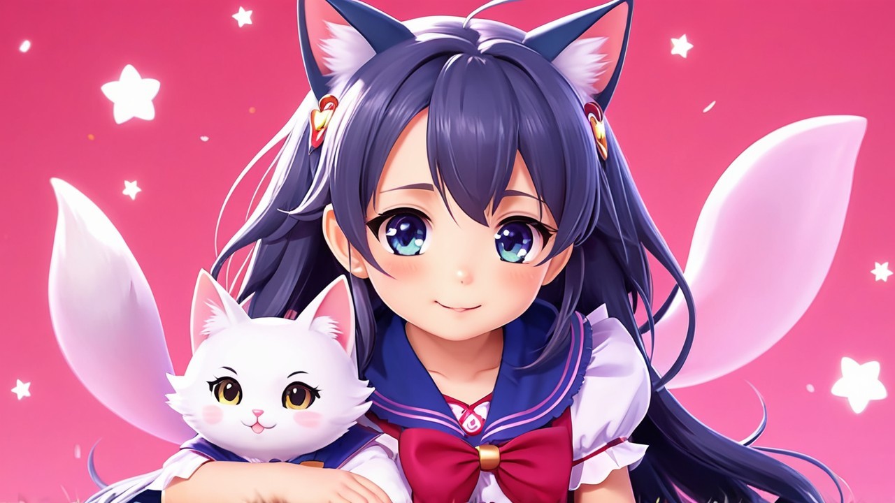 Cheerful anime girl with cat ears in sailor outfit