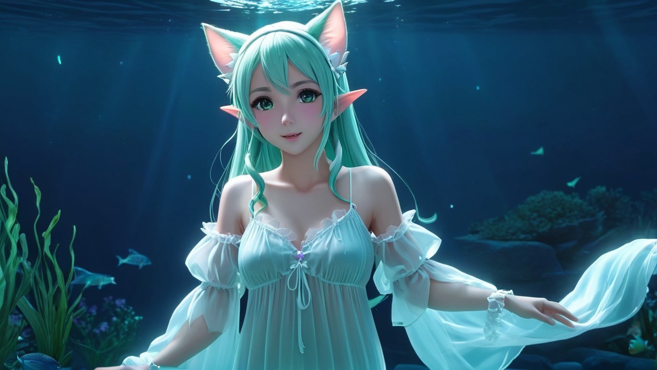 Underwater Scene with Ethereal Character and Aquatic Life