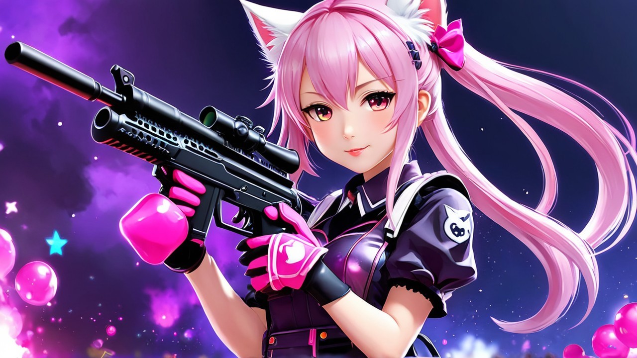 Vibrant Anime Character with Pink Hair and Rifle