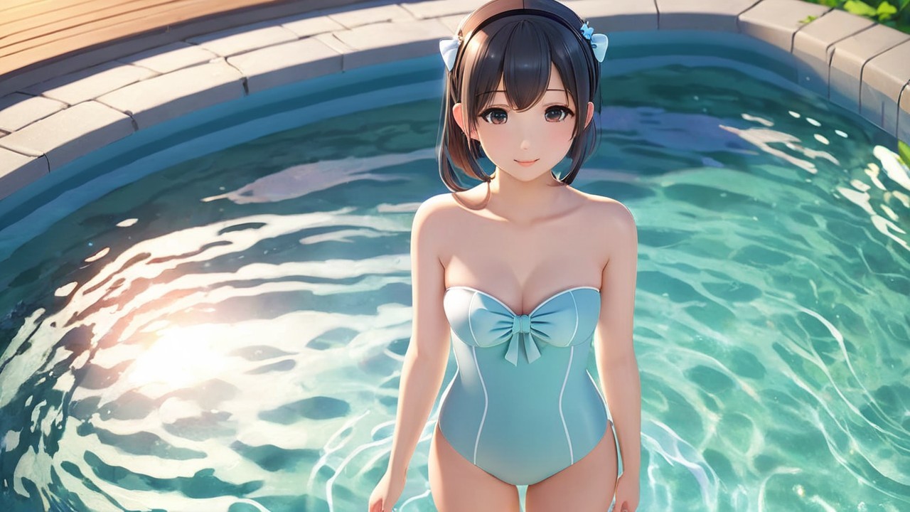 Young woman in blue swimsuit by shimmering pool