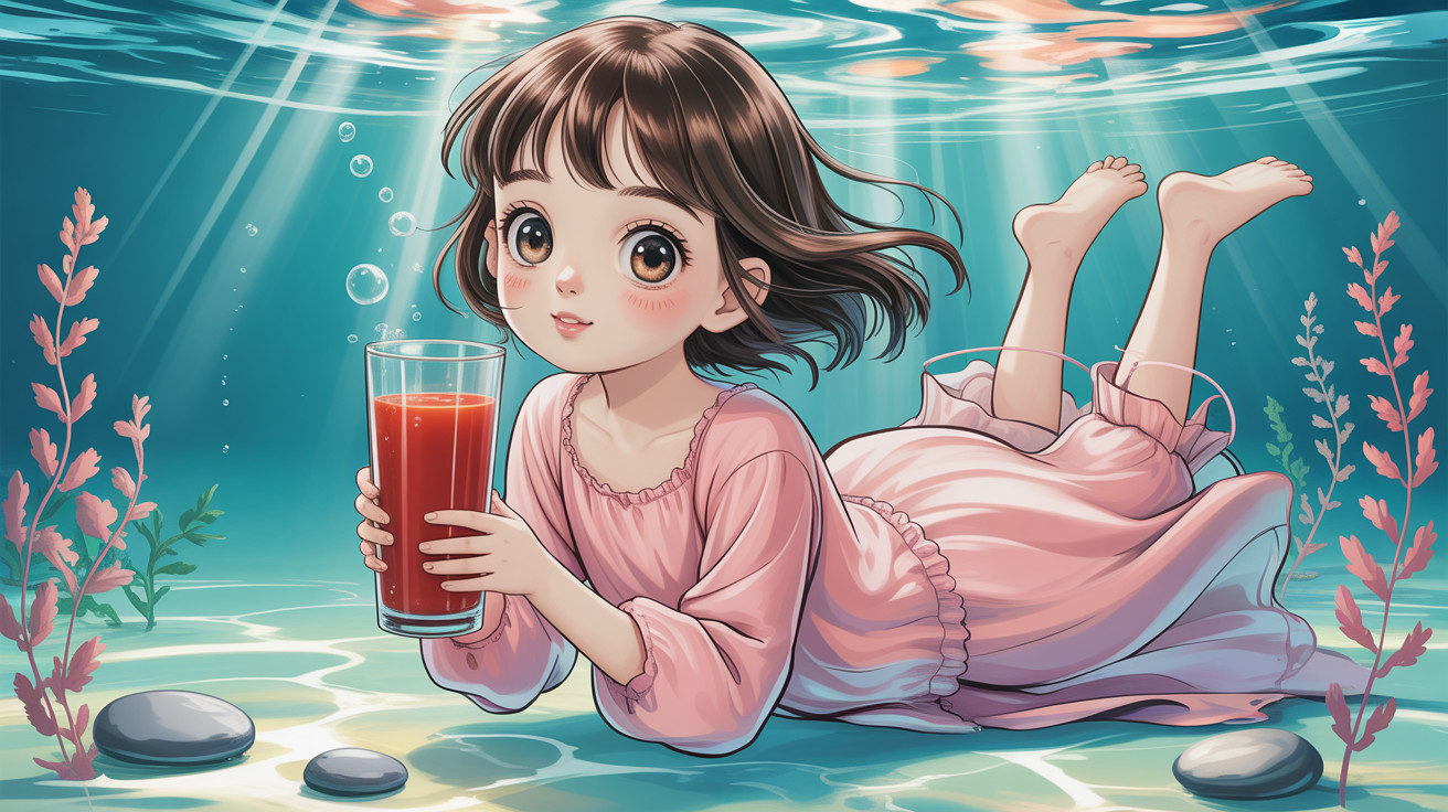Anime-style girl underwater in pink dress with juice