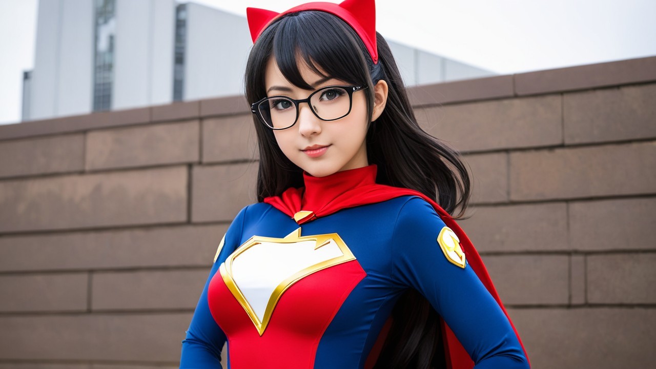 Young Woman in Colorful Superhero Costume in Urban Setting