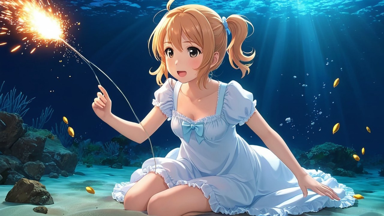 Young girl in white dress with sparkler underwater