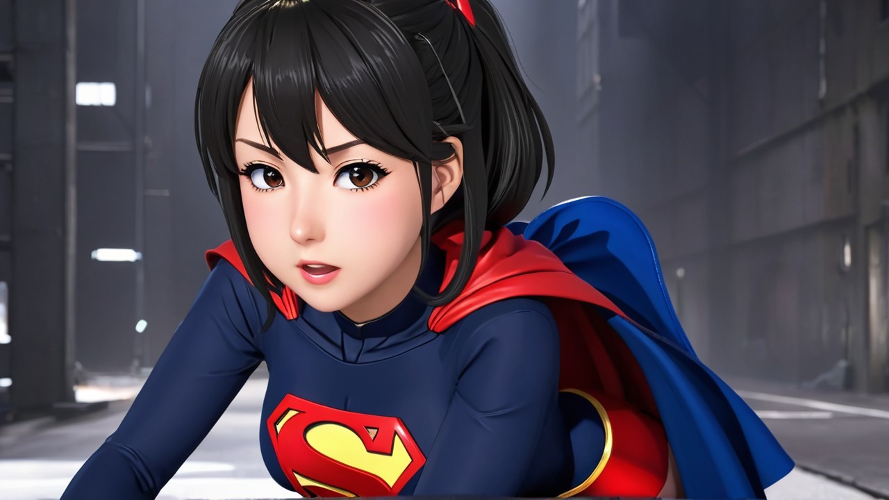 Young Female Superhero in Blue and Red Costume