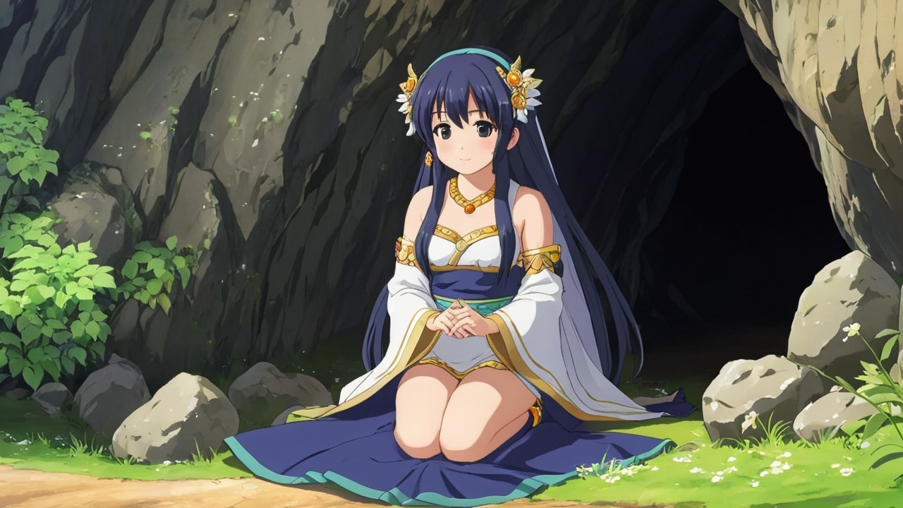 Young girl with flowers near cave in lush setting