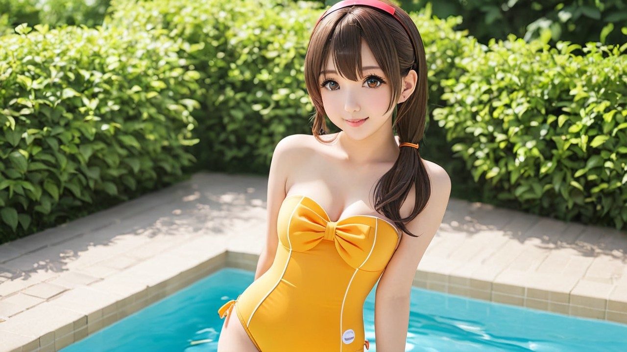 Young Woman in Yellow Swimsuit by Poolside