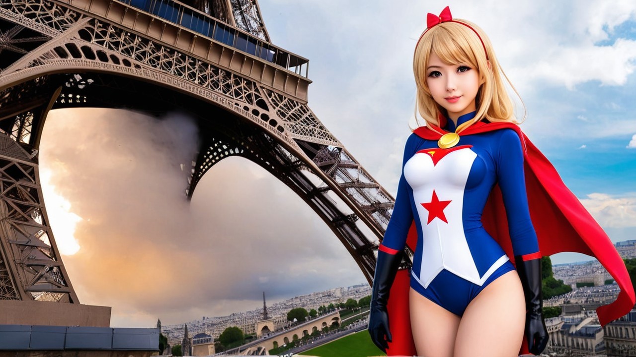 Female Cosplayer in Superhero Costume at Eiffel Tower