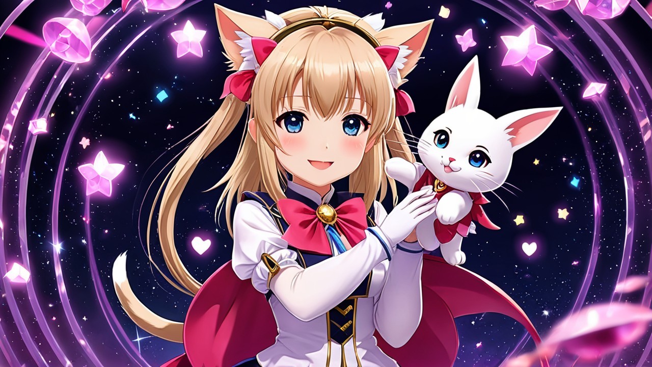 Cheerful anime character with cat ears and plushie