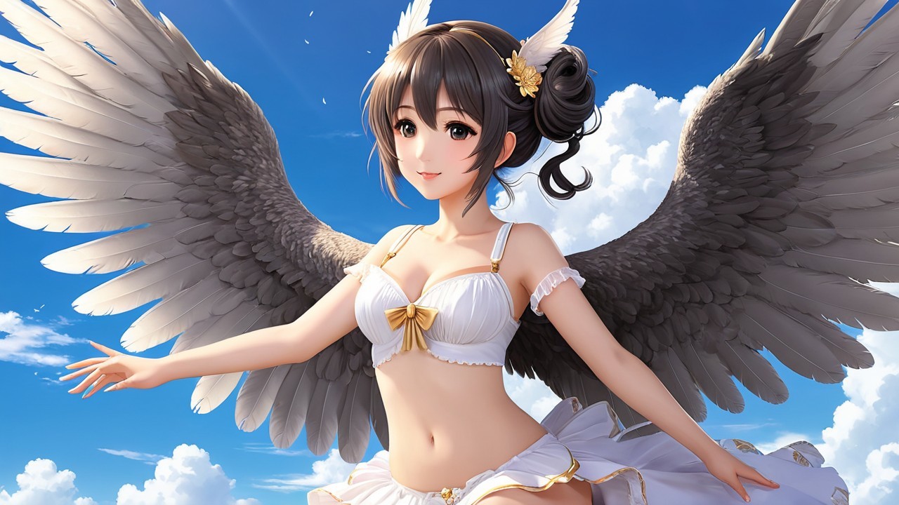 Character with Large Wings in Blue Sky Scene