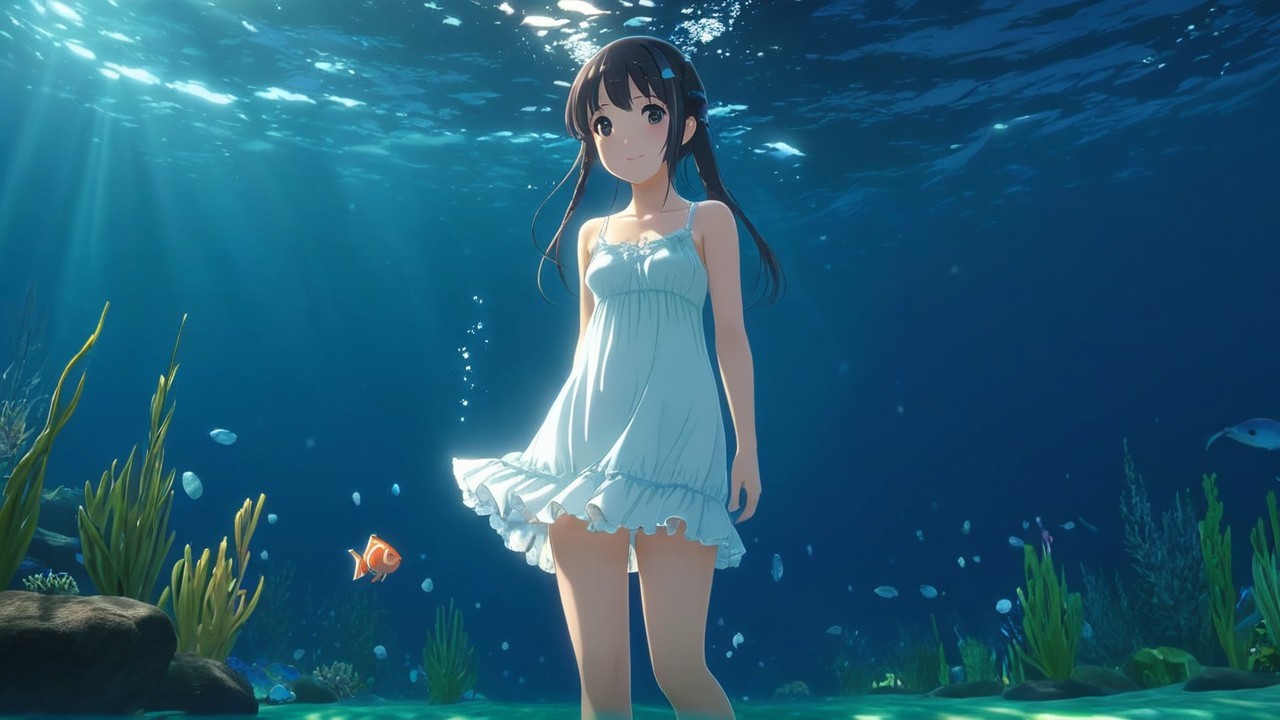 Underwater Scene with Girl, Coral, and Colorful Fish