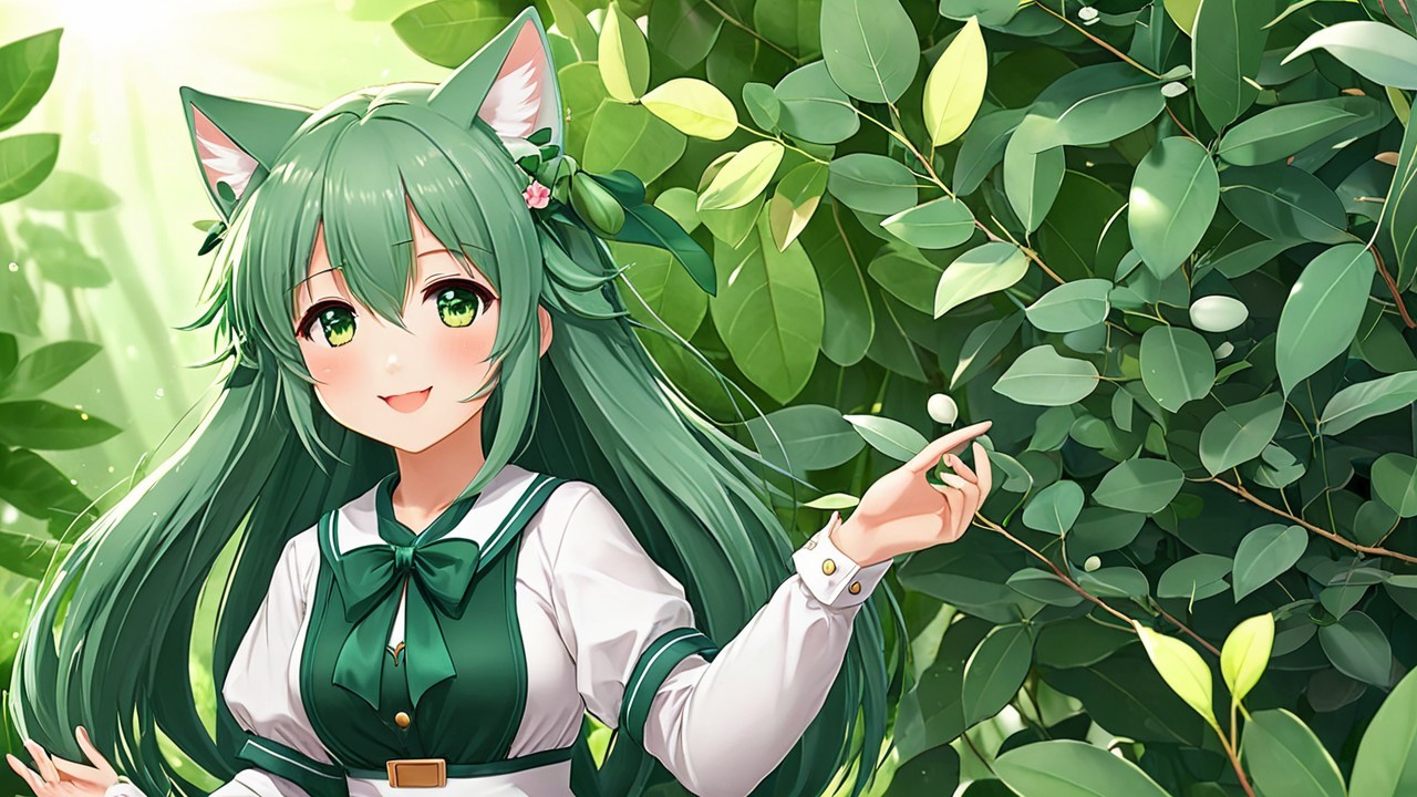 Cheerful anime girl with green hair in foliage setting