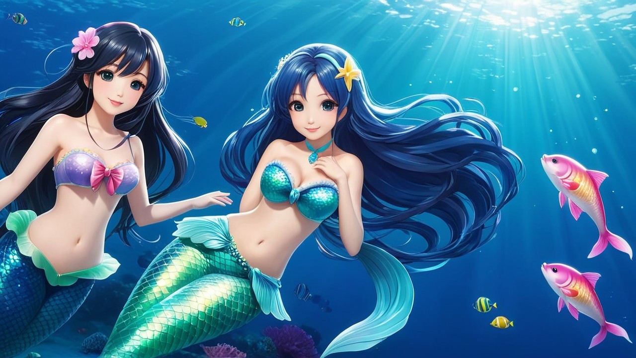 Mermaids Swimming Among Colorful Fish in Ocean Depths