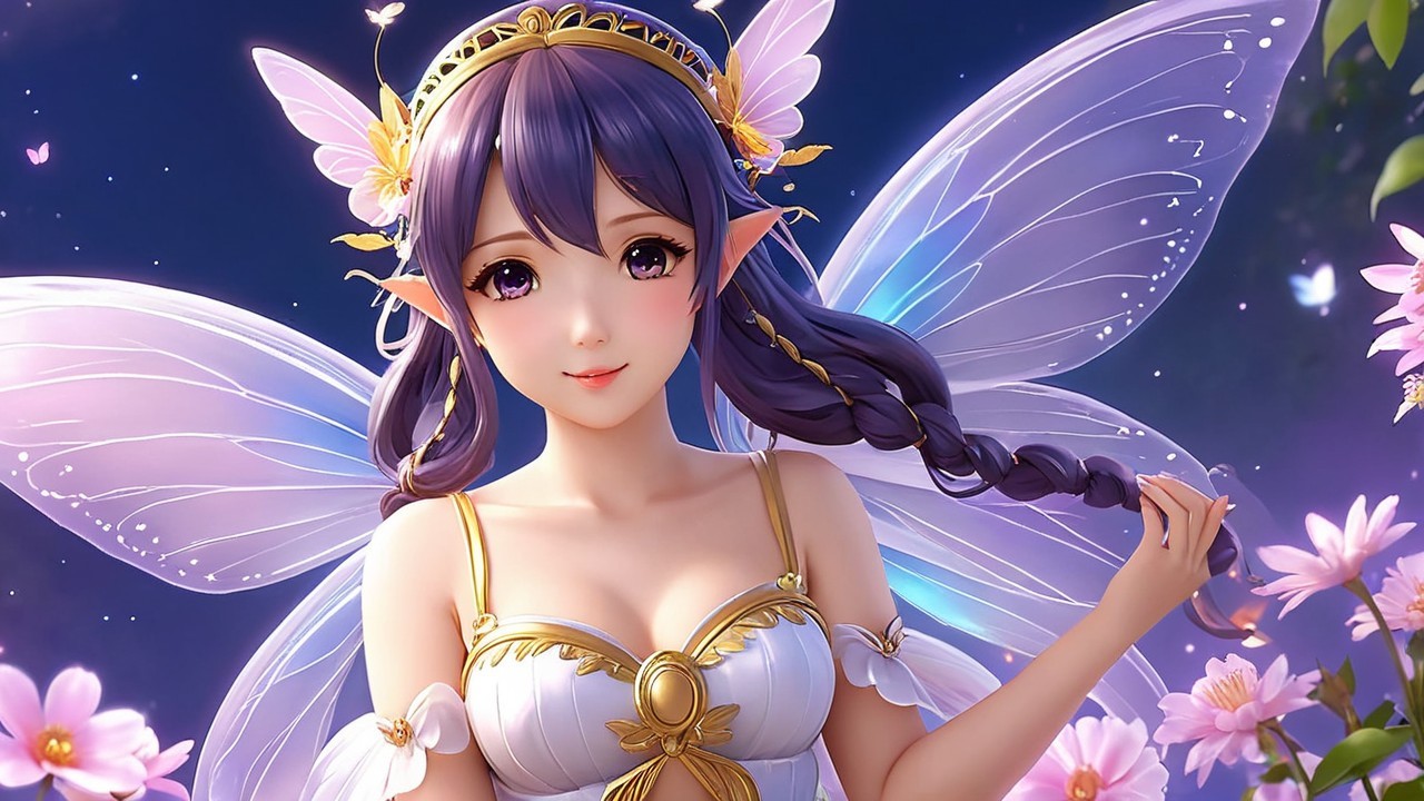 Fairy Figure with Shimmering Wings in Blooming Flowers