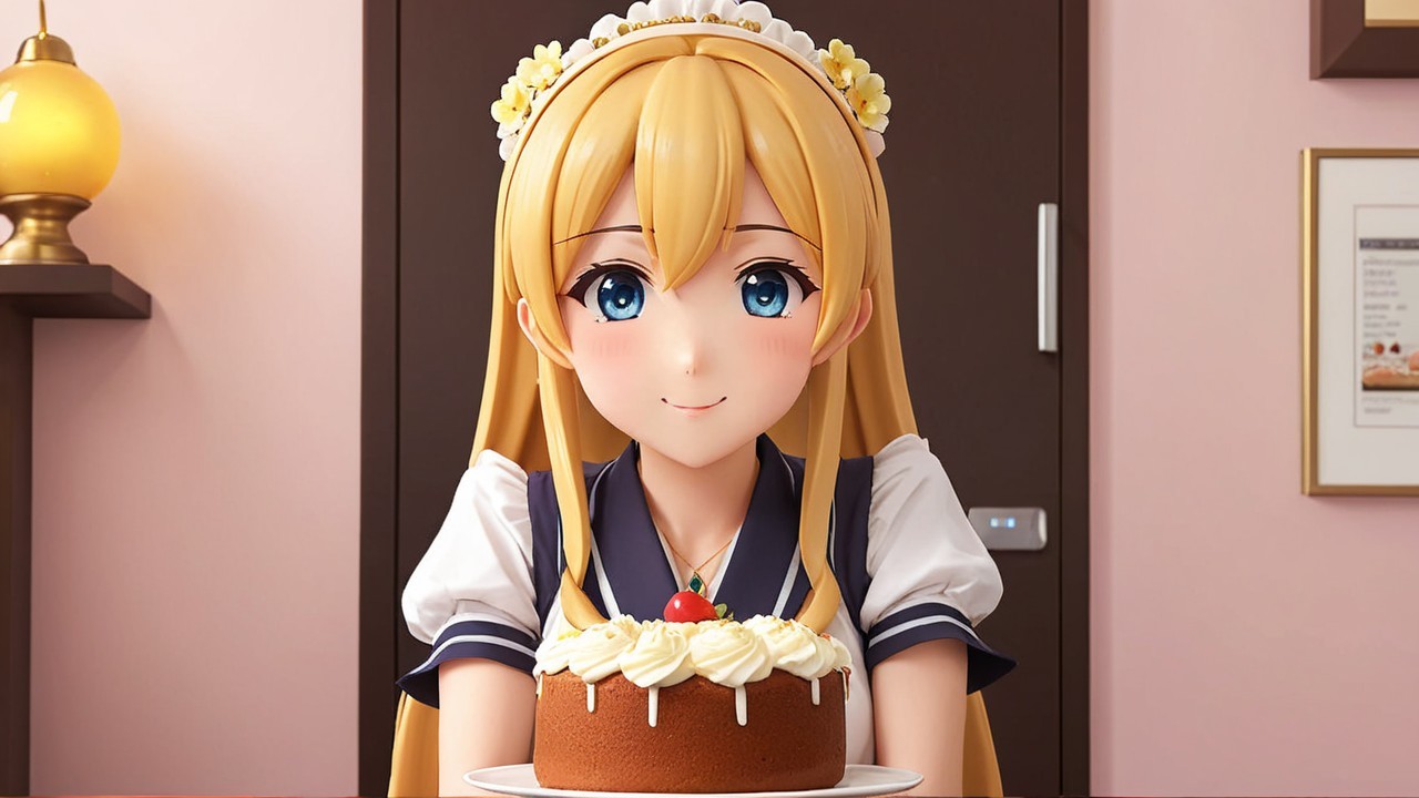 Cheerful Anime Character with Cake in Cozy Room