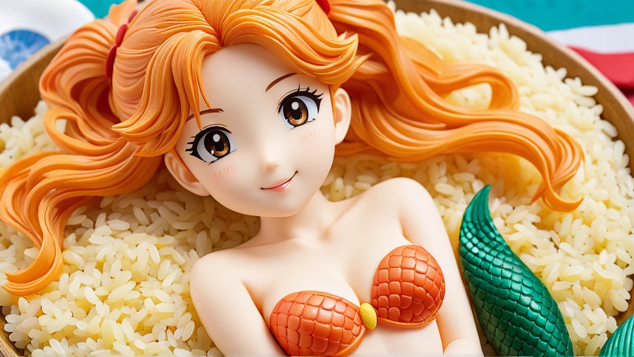 Colorful Mermaid Figure in Rice Bed Fantasy Scene