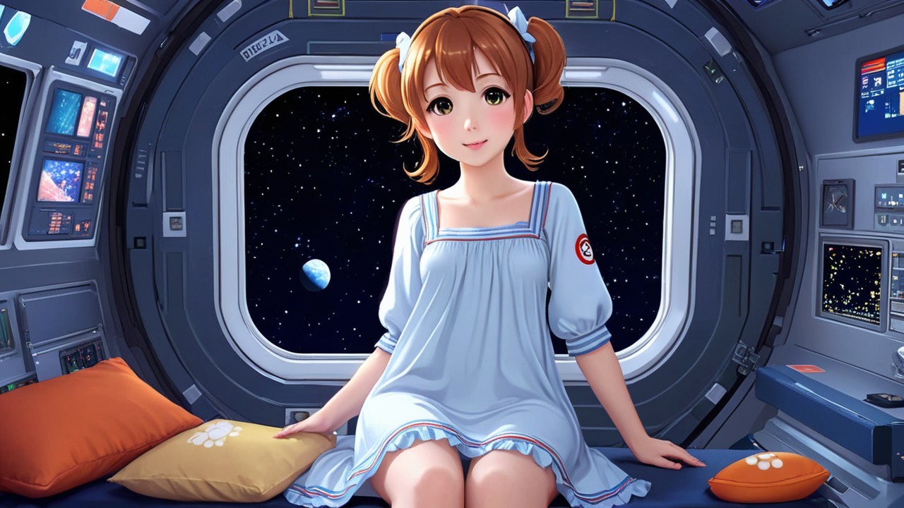 Young girl in pigtails inside a futuristic spacecraft