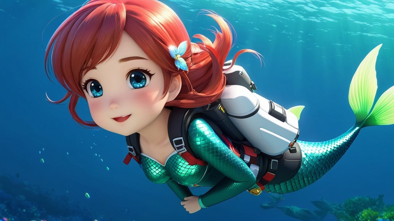 Cheerful Cartoon Mermaid in Vibrant Underwater Scene
