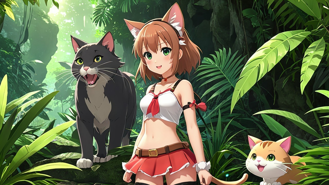 Cheerful girl with cat ears in tropical jungle scene