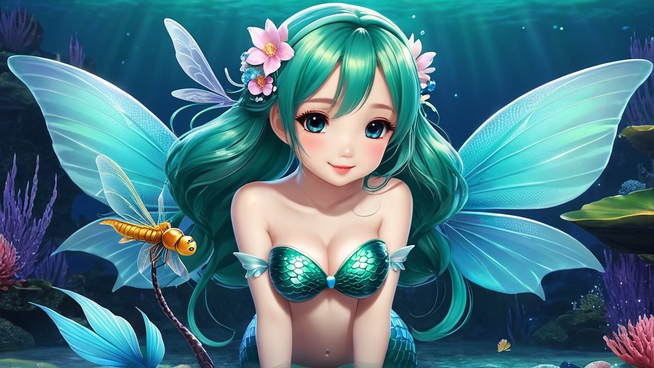 Whimsical Underwater Scene with Charming Mermaid