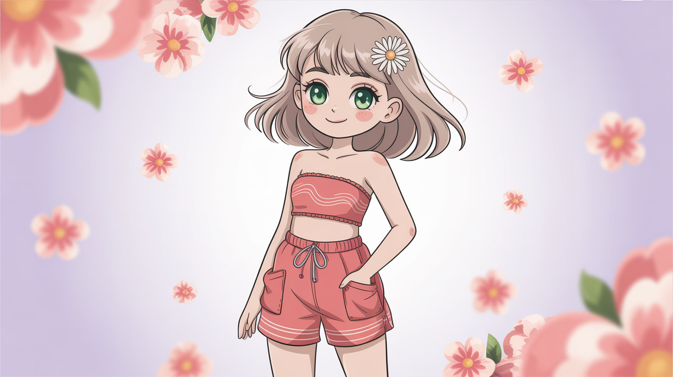 Cheerful anime girl in playful pose with light brown hair