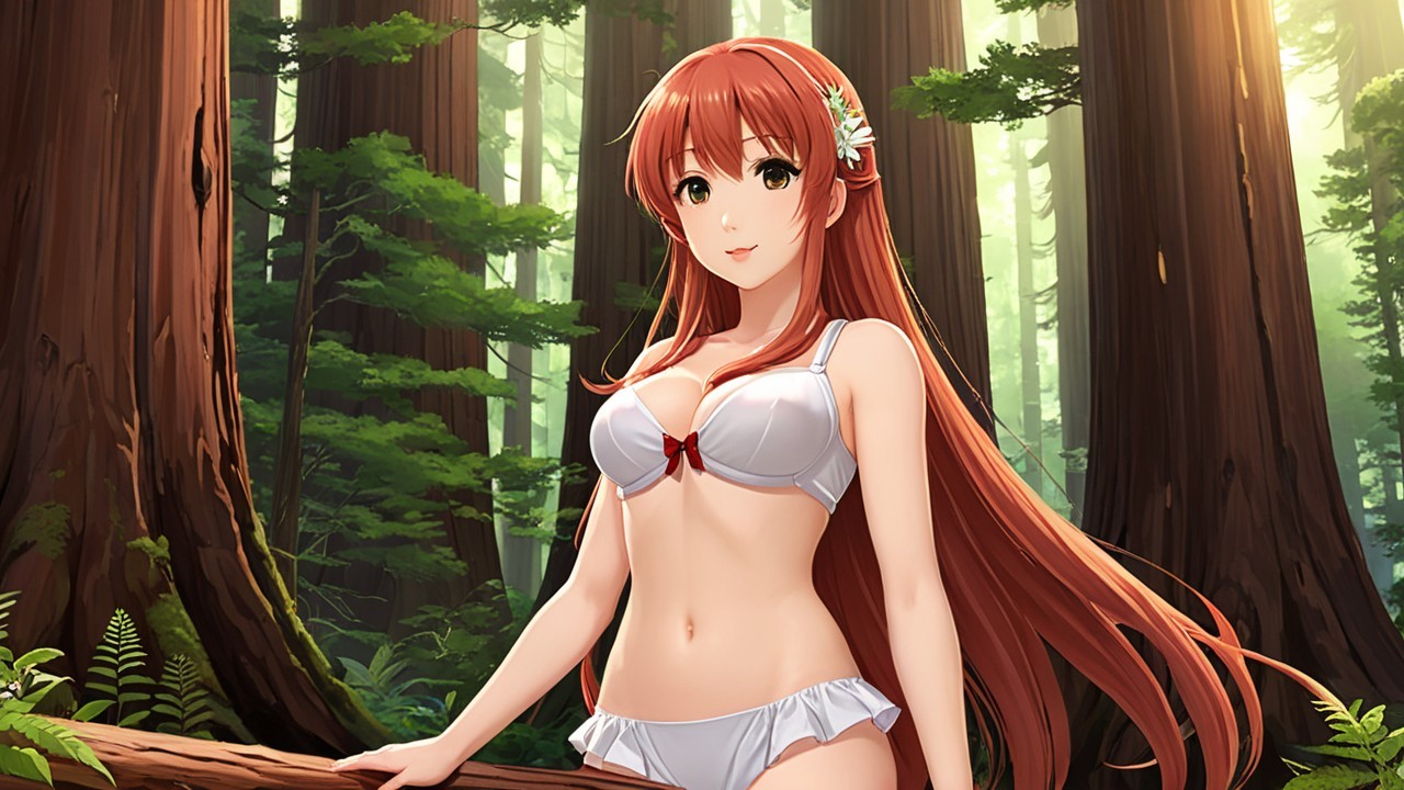 Young woman in white bikini in serene forest setting